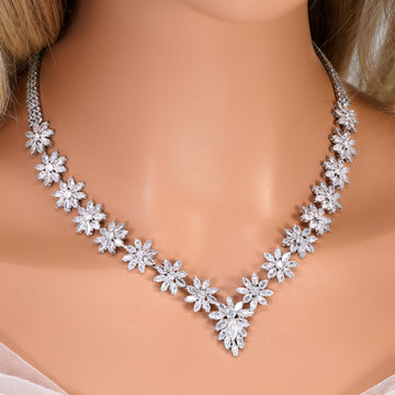 CZ Diamond Snowflower Elegance Jewelry Set, Long Bridal Earrings, Bracelet, Ring And Necklace, Statement Earrings Cz Necklace Set.